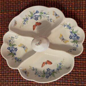 Limoges France 4 Section Candy Dish Butterflies and Bluebell Flowers
